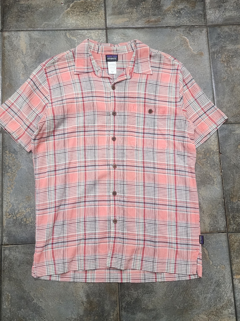 Vintage Y2K Patagonia Men's Medium Organic Cotton Coral Plaid Button Up Shirt